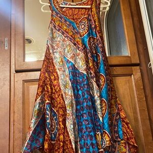 Silk Midi Dress in Dark Red, Blues & Gold Medallion Print S/M Hippie Boho